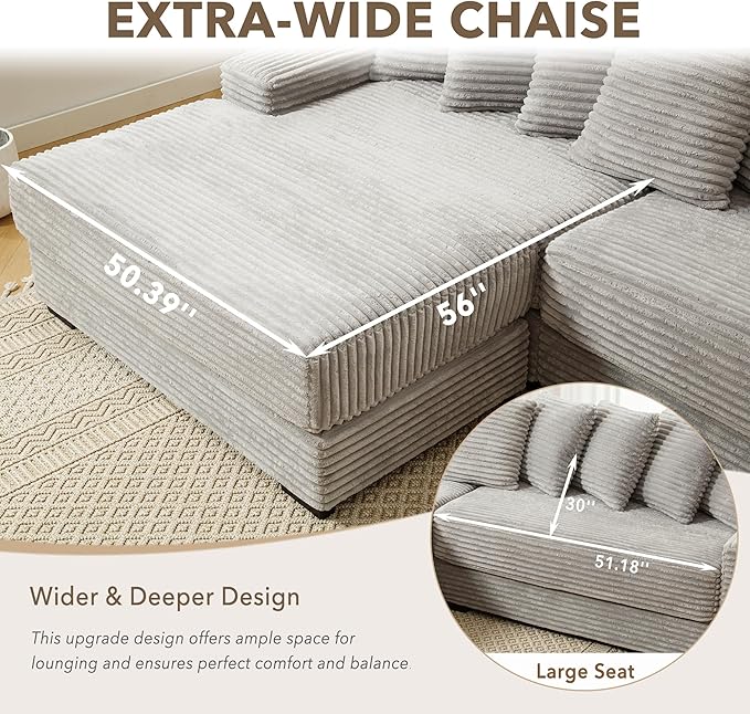 111'' Modern Sectional Sofa L-Shaped Corduroy Couch with Left Chaise Daybed Extra-Wide Oversized Lounge 8 Pillows Corner Sofa Set for Living Room Apartment Office Hotel Bedroom Grey