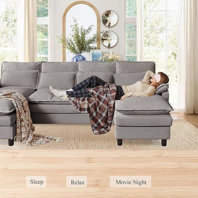 105 U Shaped Cloud Couch Sectional 4 Seat Home Sofa Living Room Comfy Couches with Storage Ottoman Double Layer Cushion Modular Sofas for Bedroom Apartment and Office Light Grey