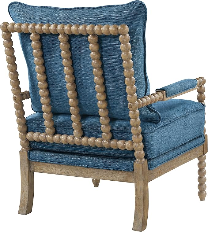 OSP Home Furnishings Fletcher Spindle Accent Chair with Rustic Brown Finish Navy Blue Upholstery