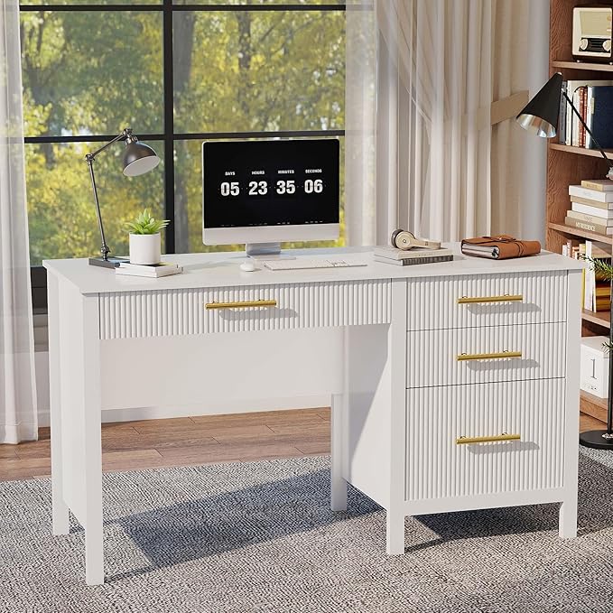 White Executive Desk with Drawers: 54 Wood Computer Desk with File Drawer Modern Home Office Desks with Storage Fluted Writing Desks for Working Studying (White 54)