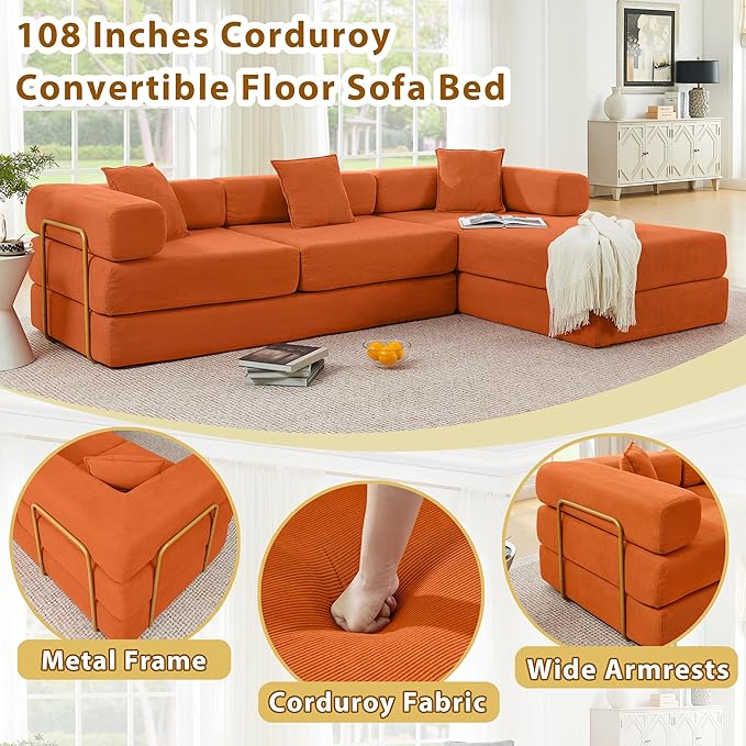 108 W Corduroy Modular Cloud Couch with Fixed-Shape Frame Oversized L-Shaped Sectional Sleeper Sofa Bed with Pull Out Bed No Assembly Modern Floor Boneless Couch for Living Room (Orange)