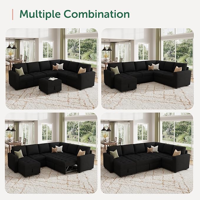 HONBAY Modular Sectional Couch with Pull Out Bed Sleeper Sofa with Storage U Shaped Modular Sectional Couches for Living RoomVelvet Black