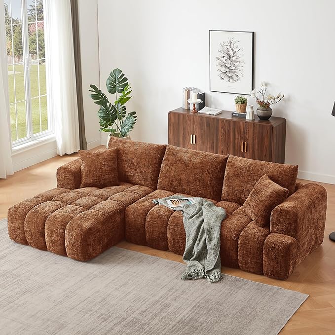 108 L-Shaped Sectional Sofa Compressed Boneless Cloud Couch with Left Chaise &amp Pillows Chenille Upholstered 4-Seater Modular Sofa for Living Room No Assembly Sienna Orange