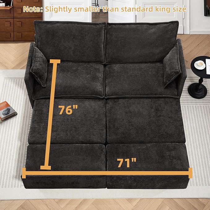 SUNWAVE 74 King Pull Out Sofa Bed - Convertible Sleeper Sofa Bed Space Saving Corduroy Loveseat Chaise Lounge with USB Charging Side Pockets for Living Room Bedroom Small Spaces(Ink 74)