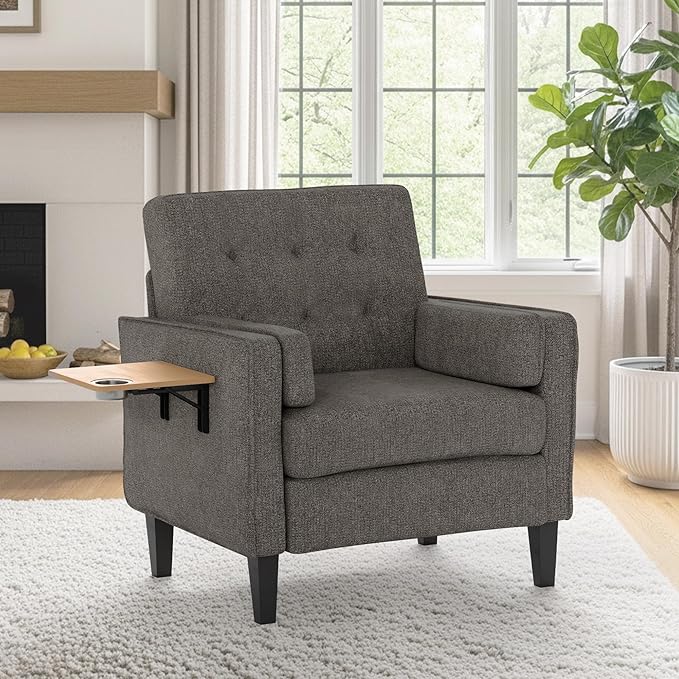 Chenille Accent Chair Mid Century Modern Arm Chair with Foldable Wooden Side Table &amp Cup Holder - Comfy Reading Chair for BedroomLiving Room ChairsSingle Sofa ChairDark Grey