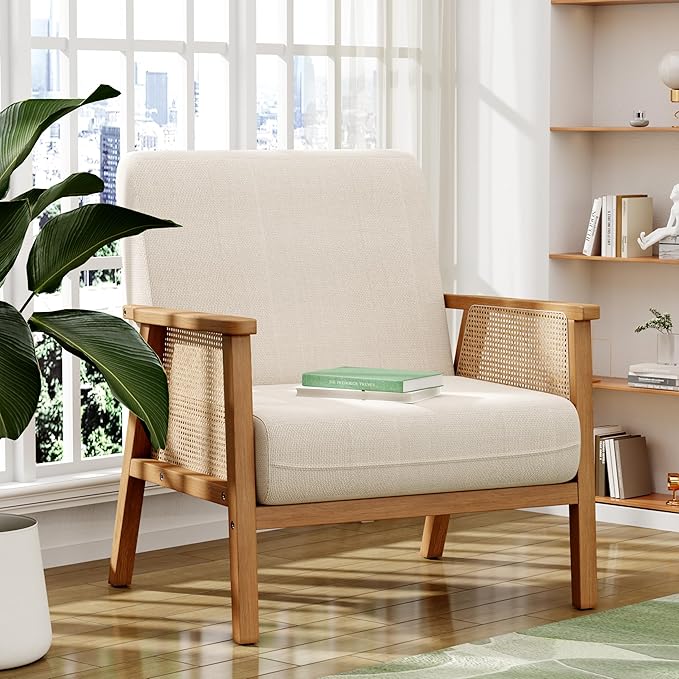ALISH Mid-Century Modern Accent Chairs Upholstered Living Room Chairs Armchairs with Rattan Arms and Wooden Legs for Living Room Bedroom (Beige Set of 2)