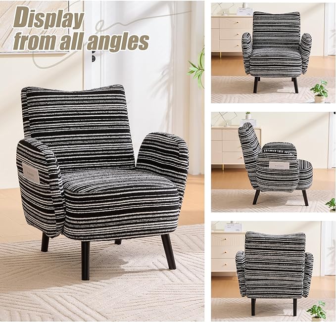 Modern Upholstered Armchair with Side Storage Pocket Fabric Reading Chair with Solid Wood Legs Ergonomic Accent Chair for Living Room Bedroom &amp Office (Black)