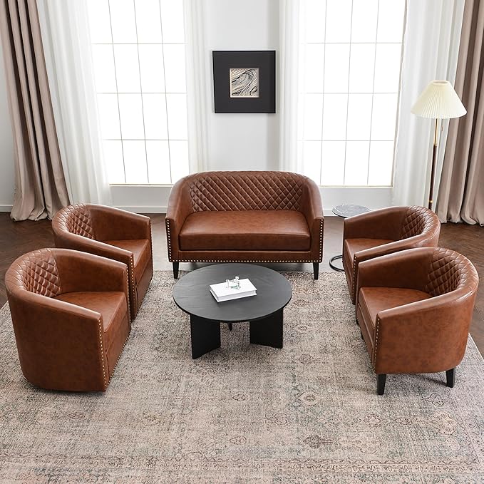 KINWELL 29 W Faux Leather Barrel Chairs Set of 2 Modern PU Upholstered Tufted Club Chairs with Nailhead Trim Small Armchairs Accent Chairs for Living Room Bedroom Apartment Lounge Nursery Brown