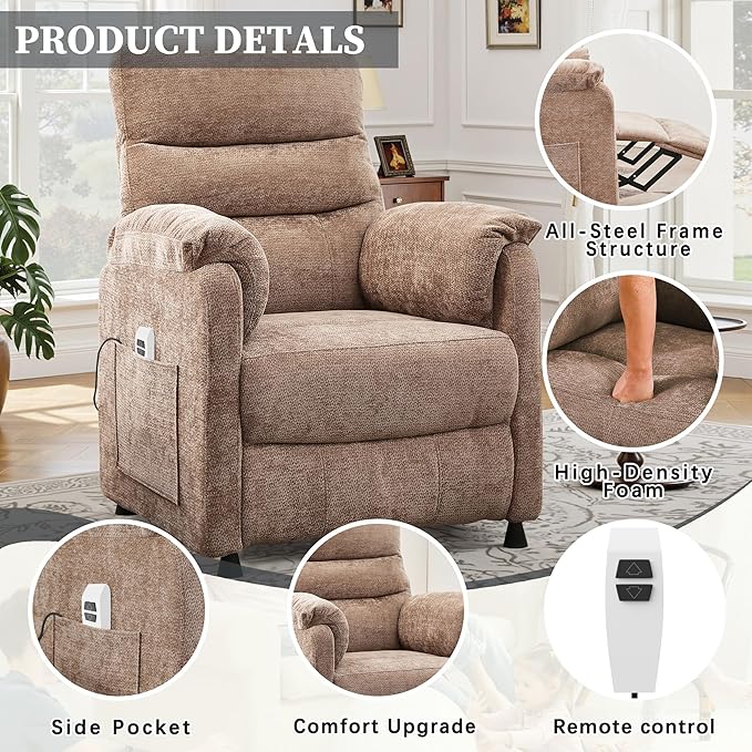Holaki Power Recliner Chair Chenille Living Room Chairs Reading Lounge Chair Home Theater Seating with Adjustable Backrest and Footrest for Small Spaces Nursery(Brown)