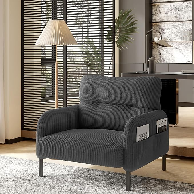 Gray Accent Chair - Corduroy Living Room Chairs with Side Storage Pockets and Durable Legs Comfy Arm Reading Chair with Soft Backrest for Bedroom Balcony Study Room