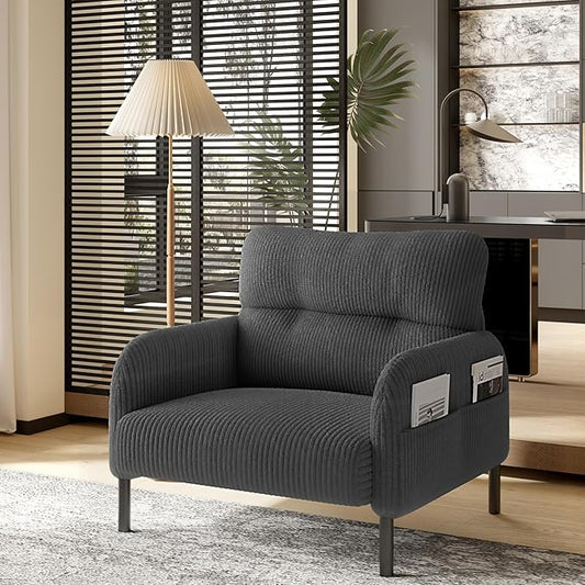 Gray Accent Chair - Corduroy Living Room Chairs with Side Storage Pockets and Durable Legs Comfy Arm Reading Chair with Soft Backrest for Bedroom Balcony Study Room