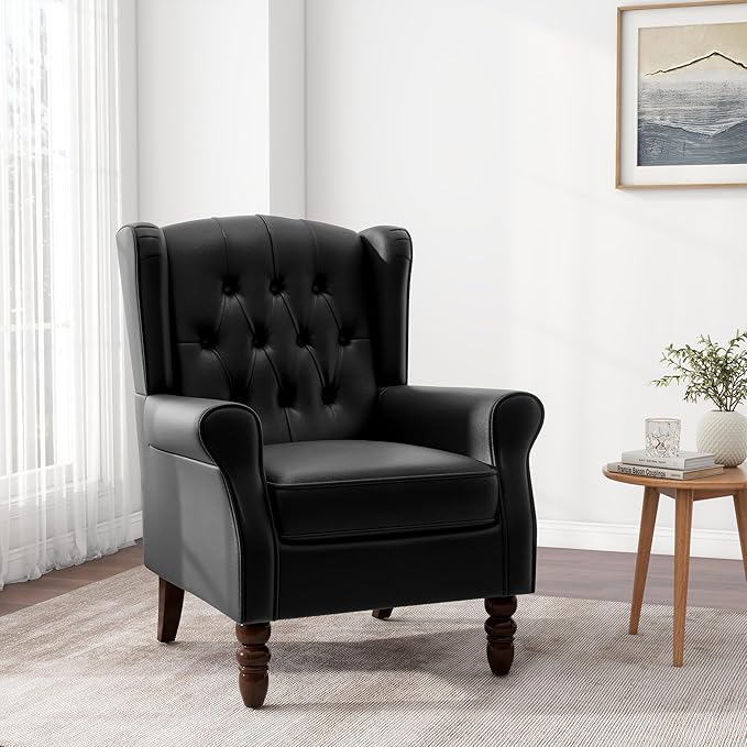 Accent Chair Upholstered Armchair with Button Tufted High Back &amp Solid Wood Legs Comfy Wingback Reading Single Sofa Chair for Small Spaces Living Room Bedroom - Leather Black Set of 1