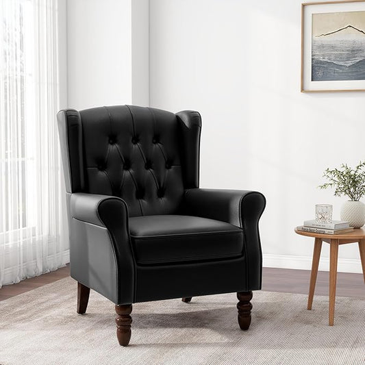 Accent Chair Upholstered Armchair with Button Tufted High Back &amp Solid Wood Legs Comfy Wingback Reading Single Sofa Chair for Small Spaces Living Room Bedroom - Leather Black Set of 1