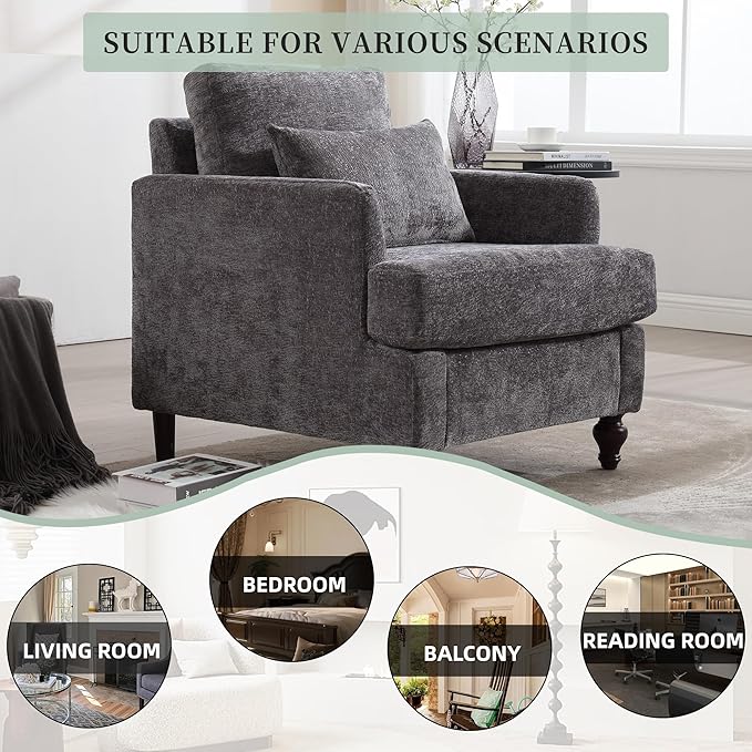 Modern Accent Chair Living Room Upholstered Chenille Armchair with Waist Pillow Single Sofa for Living Room Bedroom Office Grey