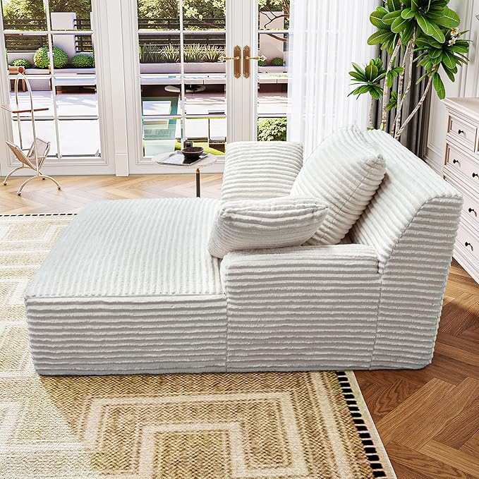 Oversized Chaise Lounge Chair Indoor Corduroy Upholstered Boneless Sofa Bed Deep Seat Sleeper Couch Reading Chairs Cloud Sofas for Living Room No Assembly Required (Beige Single Size)