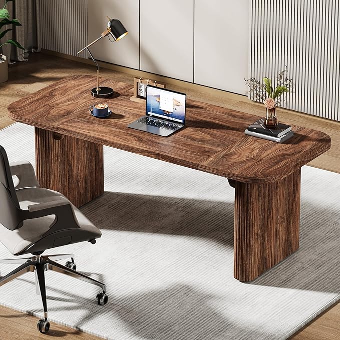 Tribesigns 62-Inch Modern Executive Desk Wood Office Desk Large Aesthetic Computer Desk with Double Pedestal Workstation for Home Office (Brown)
