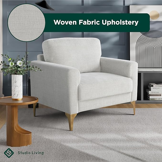 Studio Living® Matthew 39.8 Arm Chair Mid-Century Modern Pocket Coil Comfort Metal Brushed Bronze Legs Chenille Fabric Ivory