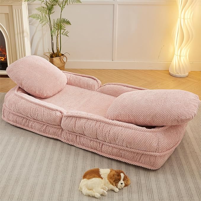 Human Dog Sofa Bed for Adult &amp Pets Convertible Lazy Sofa Couch with 5 Adjustable Positions Comfy Human Size Dog Bed Upholstered Bean Bag Lounge Chair for Living Room Bedroom Pink