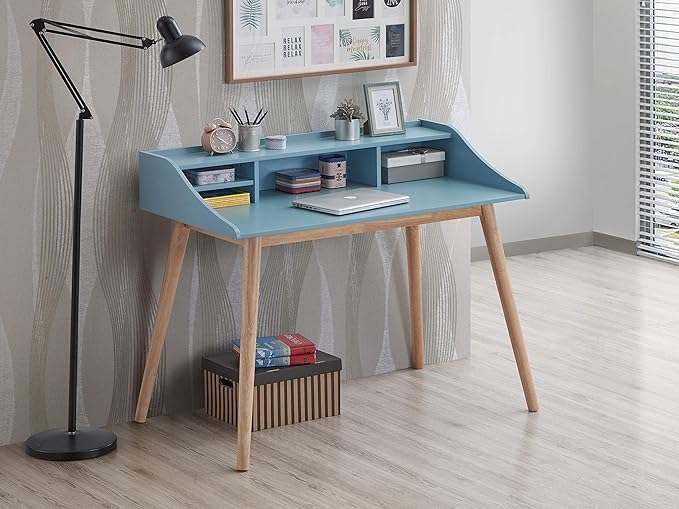 Roskilde Mid-Century Modern Wood Writing Desk with Hutch Blue