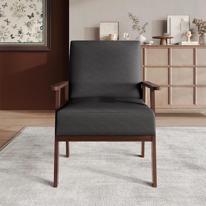 Mid-Century Modern Accent Chair Polyurethane Upholstery Wooden Armrests Cushioned Seat Easy Assembly Grey