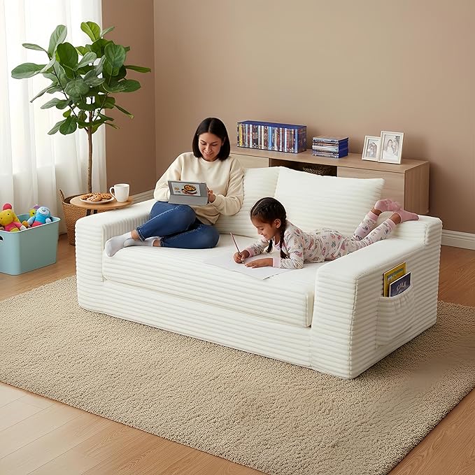 73 Convertible Sleeper Sofa Comfy Corduroy Foldable Sofa Bed with 2 Pillows Floor Sofa Lounge Couch in Box for Living Room Bedroom Lounge Studio No AssemblyBeige