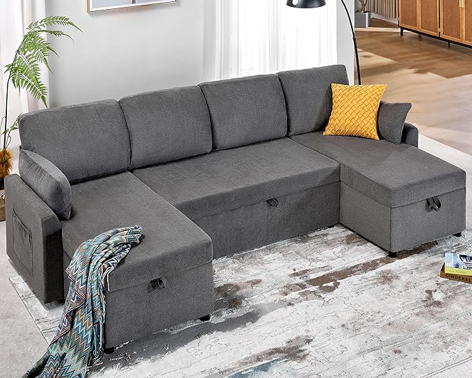 VanAcc Sleeper Sofa 110 inch Oversize - 2 in 1 Pull Out Bed Sectional Sleeper Sofa with Double Storage Chaise for Living Room Grey Linen Couch
