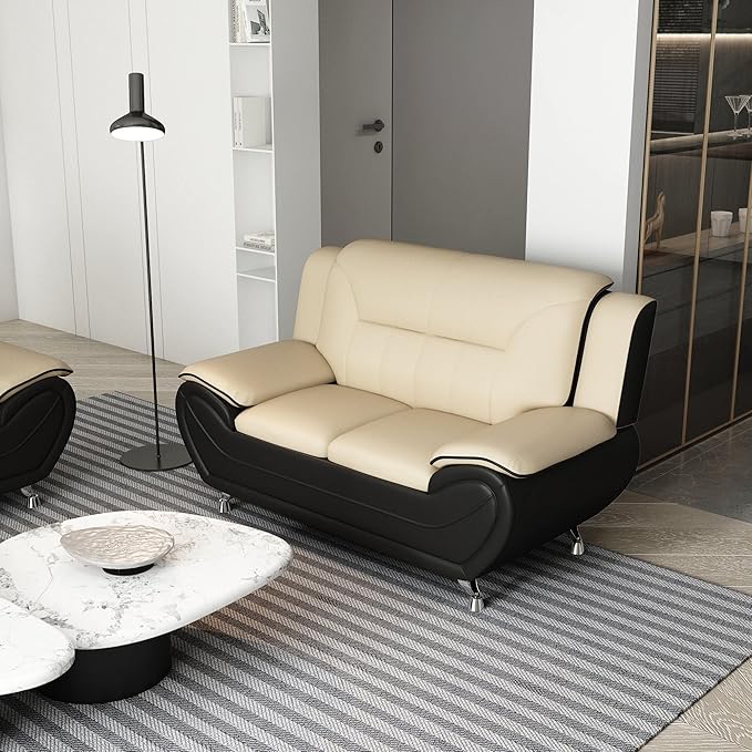 Michael Modern Faux Leather Upholstered Stainless Steel Legs Living Room Loveseat Black Camel