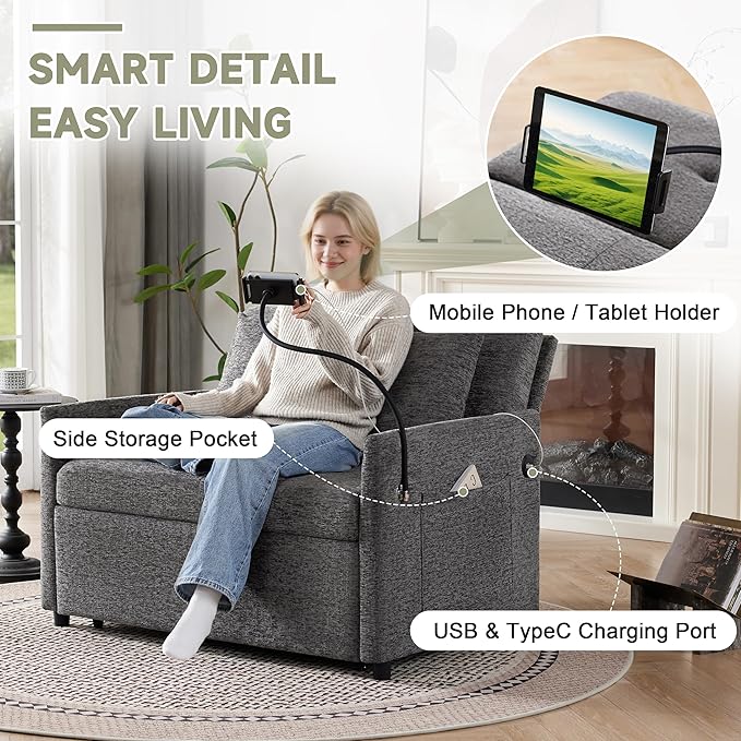 Sleeper Loveseat with USB and Type-C Ports 3 in 1 Convertible Sofa Bed with Phone Holder Pull Out Sofa Bed Loveseat Sleeper Sofa for Living Room Adjustable Backrest Side Pockets Dark Grey