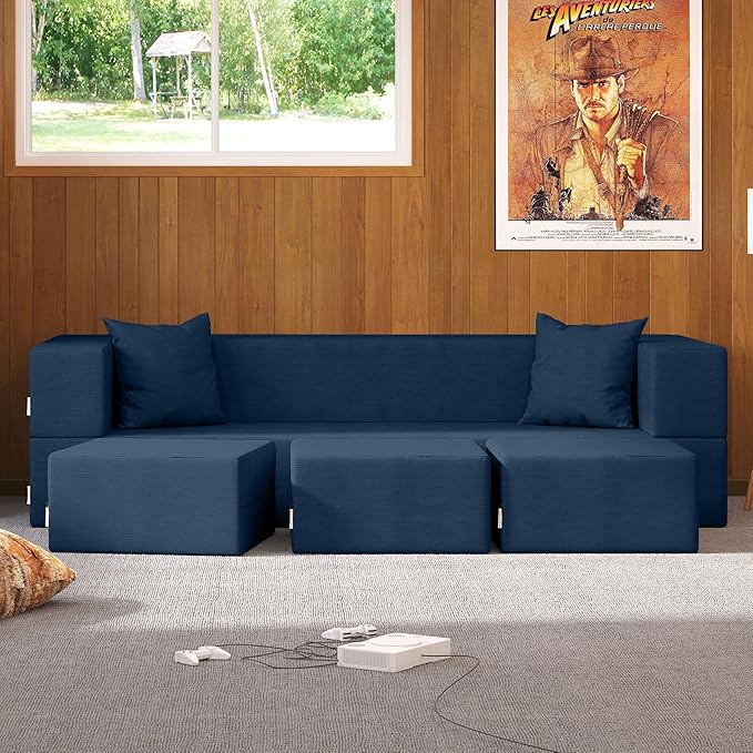 Jaxx Zipline Convertible Sleeper Sofa &amp Three Ottomans/California King-Size Bed Textured Microvelvet - Indigo