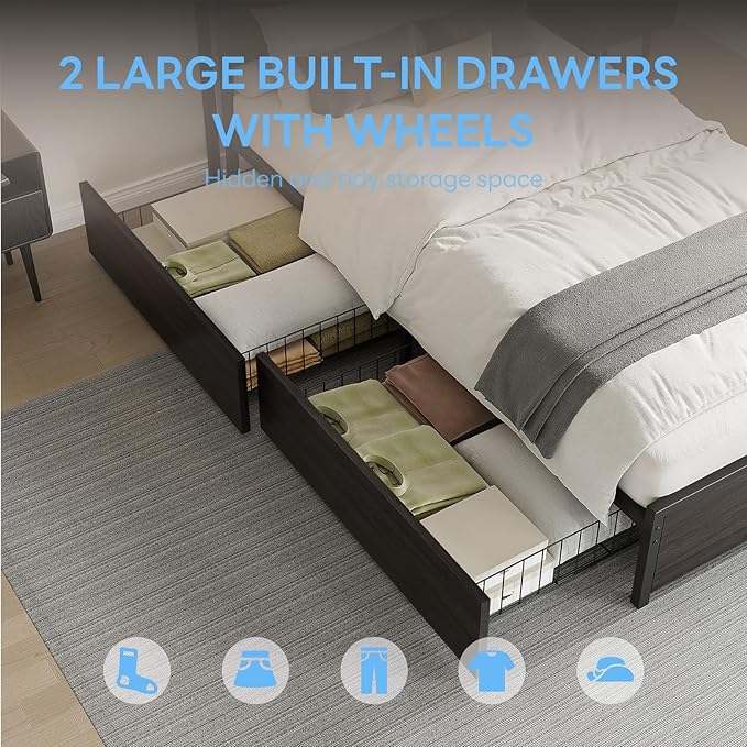 LIKIMIO Twin XL Bed Frame with 2-Tier Shelves &amp Charging Station &amp LED Light DIY Layout Storage Drawers Suitable for Teen Rooms Small Apartments &amp Bedrooms Gray Black