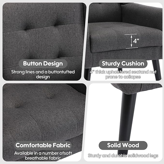 Linen Accent Chair Mid-Century Modern Tufted Armchair for Living Room Bedroom &amp Office (Drak Gray)