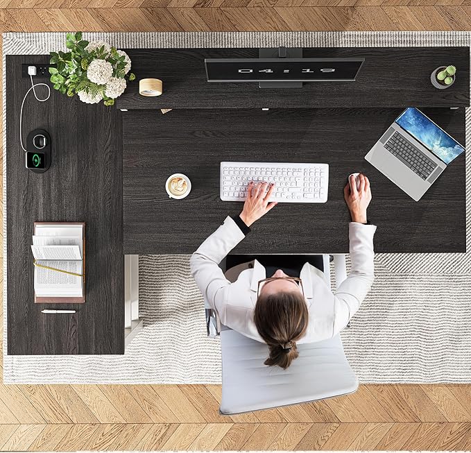 EnHomee 55 L Shaped Farmhouse Computer Desk with Drawers Office Desk with Long Monitor Stand &amp Storage Shelves for Bedroom Desk for Home Office Desks with Power Outlets &amp LED Lights Study