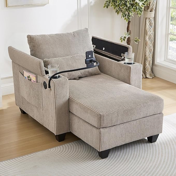 37.4 Convertible Chaise Lounge Corduroy Sleeper Sofa Chair with USB Ports Two Cup Holders Phone Holder and Ample Storage Space for Living Room and Bedroom Brown