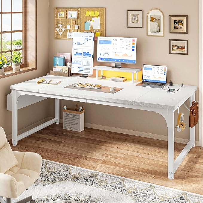 Computer Desk with Monitor Stand &amp 24mm Thicker DesktopGaming Desk with Power Outlets &amp LED LightWhite Writing Desk for Home Office Study Bedroom White
