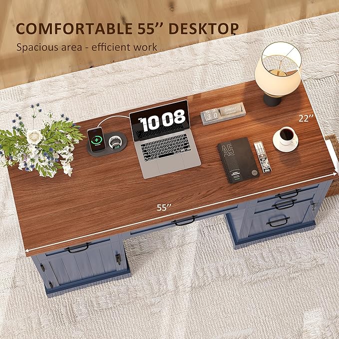 Whalefall 55'' Farmhouse Desk Home Office with Drawers Executive Computer Desk Wooden with File Cabinet and Charging Station Blue