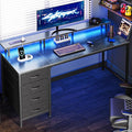 Huuger 55 Inch Computer Desk with Power Outlets and LED Lights Gaming Desk with 4 Drawers Office Desk with Monitor Stand Study Work Home Office Gray
