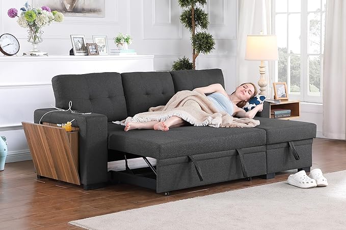 92 3-Piece Upholstered Sectional Sofa with Storage Chaise and Removable Back CushionsPull-Out Loveseat Couch W/A Side Open Cup Holder &amp Black Legfor DormApartmentStudioOfficeDark Gray