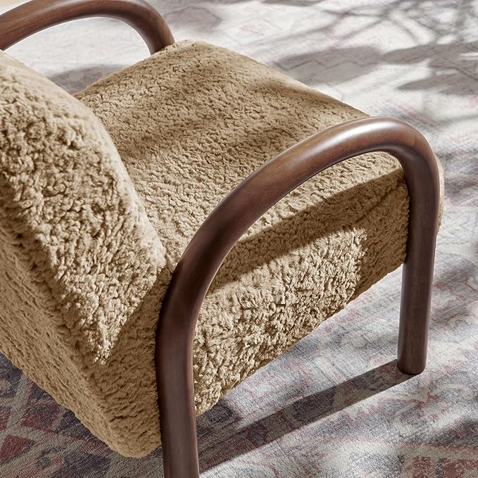 Modway Lunet Faux Shearling Upholstered Accent Chair in Sand – Modern Fuzzy Lounge Armchair with Arched Wood Arms