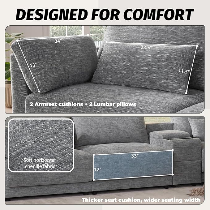 124 Modular L-Shaped Sectional Sofa with Storage Console Movable Ottoman &amp USB/Wireless Charging - 33 Wide Seats 12 Thick Cushions 4-Piece Chenille Couch for Living Room &amp Apartments (Gr
