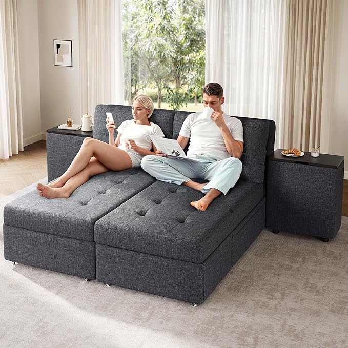 YITAHOME Queen Size Sleeper Sofa 5-in-1 Convertible Sofa Bed Couch with 2 Storage Cabinets and USB Ports 100 Sectioanl Sofa Couch with 2 Throw Pillow for Living Room Grey Linen Fabric
