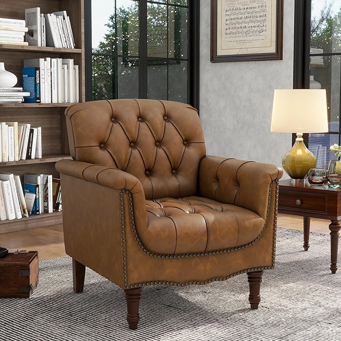 Lumibee Faux Leather Armchair Contemporary Accent Chair with Nailhead Trims &amp Wood Legs for Living Room Upholstered Comfy Arm Chair for OfficeBedroom-Camel