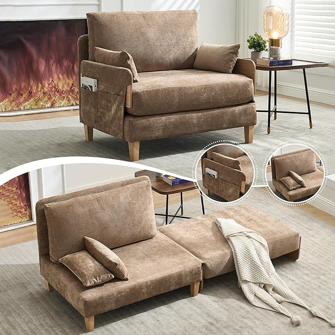 GDFStudio Foldable Sofa Bed Recliner 3-in-1 Convertible Sleeper Sofa with Pillows Mid Century Modern Chenille Upholstery for Small Spaces Bedroom Study Room Guest Room Light Brown