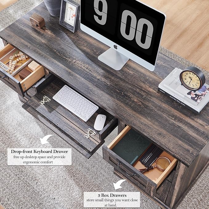 RedLemon 60 Farmhouse Executive Desk Home Office Desk with Drawers Charging Station Keyboard Tray File Drawer Storage Cabinet Wood Rustic Computer Writing Desk (Dark Rustic Oak)