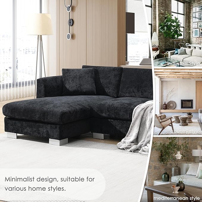 96 * 56 Modern Cloud Sectional Sofa L-Shaped Luxury Couch Set with 2 Free Pillows4-seat Chenille Indoor Furniture with Oversized Chaise for Living Room Apartment Office