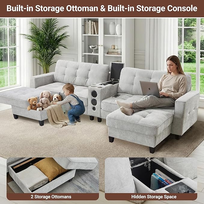 126 U Shaped Cloud Couch Sectional with Storage Ottomans Modular Sectional Sofa with Console for Living Room Modern Comfy Couch with Bluetooth Speaker/LED Light/Charging Station (Light Grey)