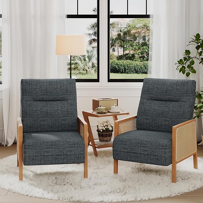 Alunaune Upholstered Natural Rattan Living Room Chairs Accent Chair Armchair Set of 2 Modern Slipper Club Chair Guest Reception Couch Comfy Single Sofa for Reading Bedroom-Grey