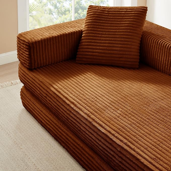 81'' Futon Sofa Bed Folding Floor Couch Bed Corduroy Fabric Boneless Couch Compressed Boneless Sofa in a Box Comfy Sleeper for Living Room-Orange
