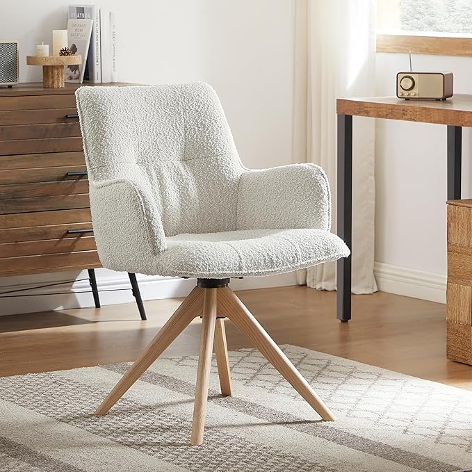 Art Leon Desk Chair No Wheels - Mid Century Modern Swivel Accent Chair Boucle Fabric Upholstered Office Chair with Oak Wood Legs for Small Space Living Room Bedroom Off White