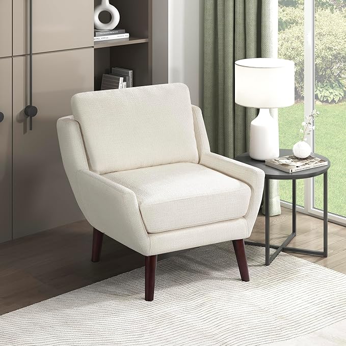 Lexicon Modern Wingback Accent Chair Chenille Fabric Upholstered Lounge Reading Arm Chair Solid Wood Legs for Living Room Bedroom Supportive Padded Pocket Coil Seat Easy Assembly Beige
