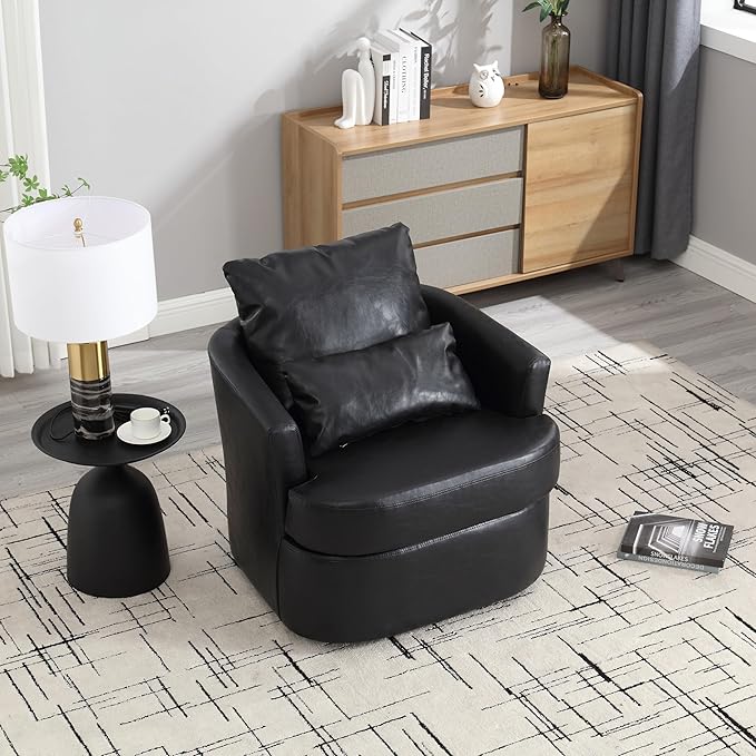 Swivel Barrel Chair Comfy Round Accent Sofa Chair for Living Room 360 Degree Swivel Barrel Club Chair Leisure Arm Chair for Nursery Hotel Bedroom Office Lounge (Black PU)